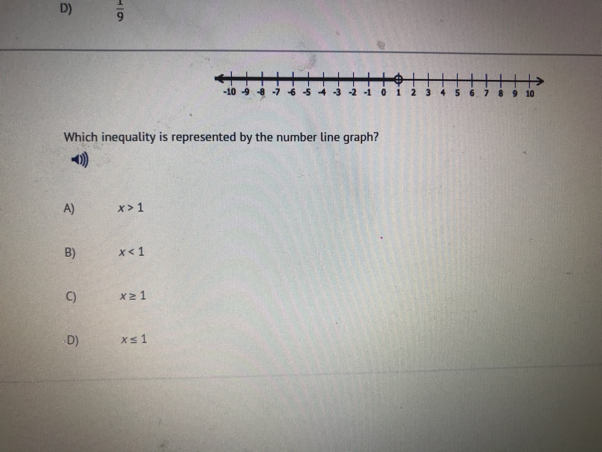 D)
-10 -9 -8 -7 -6 -5 4 -3 -2 -1 0 1
2 3
4 5
6.
7 8 9 10
Which inequality is represented by the number line graph?
x > 1
B)
x< 1
C)
x2 1
D)
xs 1
A)
