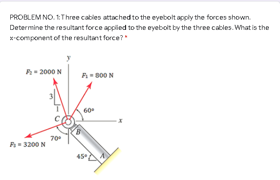 PROBLEM NO. 1:Three cables attached to the eyebolt apply the forces shown.
Determine the resultant force applied to the eyebolt by the three cables. What is the
x-component of the resultant force? *
F2 = 2000 N
F1 = 800 N
60°
B
70°
F3 = 3200 N
45°
A
