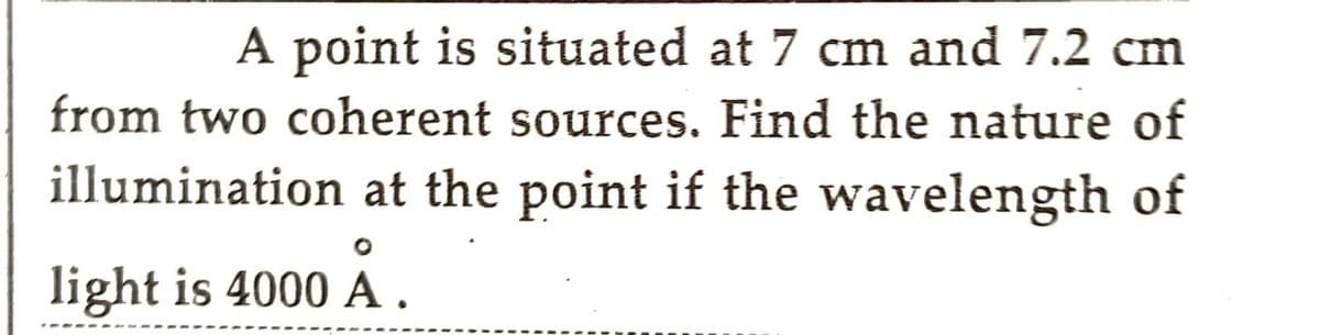 A point is situated at 7 cm and 7.2 cm
from two coherent sources. Find the nature of
illumination at the point if the wavelength of
light is 4000 A.