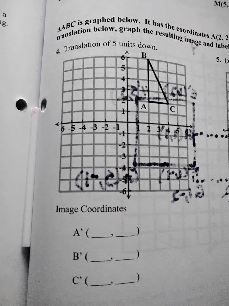 4. Translation of 5 units down.
translation below, graph the resulting image and label
M(5,
AABC is graphed below. It has the coordinates A(2, 2
a
ng.
5. (x
A
5-5 -4 -3 -2 -1
2
Image Coordinates
A'(__)
B'(
C'(_
