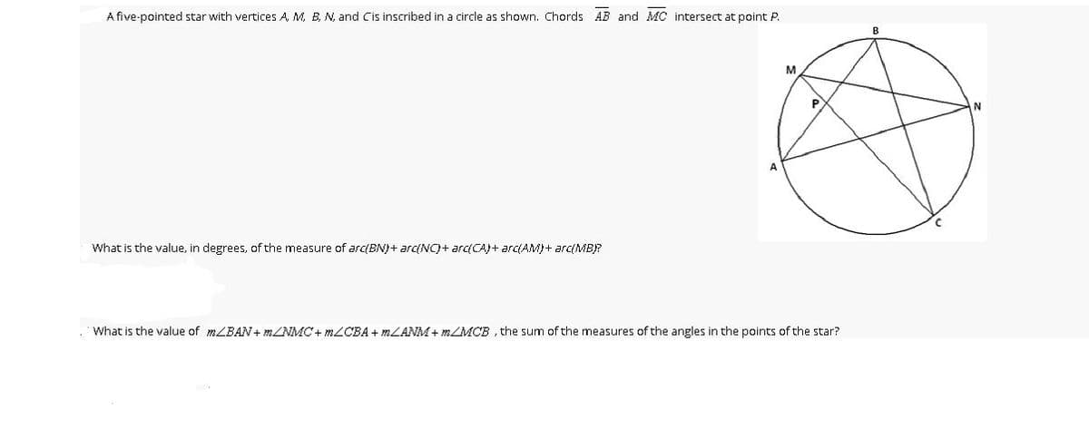 A five-pointed star with vertices A, M, B, N, and Cis inscribed in a circle as shown. Chords AB and MC intersect at point P.
What is the value, in degrees, of the measure of arc(BN)+ arciNC)+ ar(CA)+ arc(AM)+ ar(MB?
What is the value of MLBAN+ m/NMC+ MZCBA + MLANM+ m/MCB , the sum of the measures of the angles in the points of the star?
