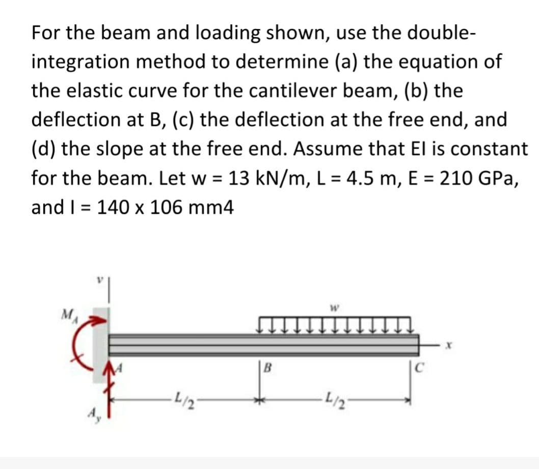 For the beam and loading shown, use the double-
integration method to determine (a) the equation of
the elastic curve for the cantilever beam, (b) the
deflection at B, (c) the deflection at the free end, and
(d) the slope at the free end. Assume that El is constant
for the beam. Let w = 13 kN/m, L = 4.5 m, E = 210 GPa,
and I = 140 x 106 mm4
MA
4/2
B
L/2