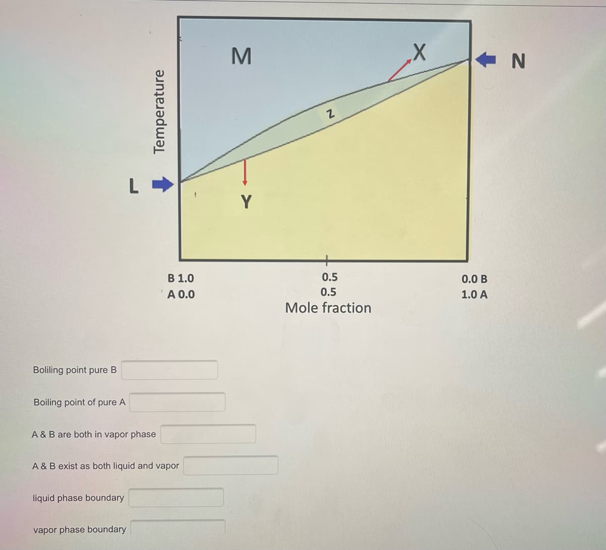 M
Y
B 1.0
0.5
0.0 B
'A 0.0
0.5
1.0 A
Mole fraction
Boliling point pure B
Boiling point of pure A
A & B are both in vapor phase
A & B exist as both liquid and vapor
liquid phase boundary
vapor phase boundary
Temperature
