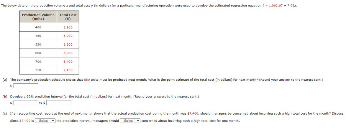 The below data on the production volume x and total cost y (in dollars) for a particular manufacturing operation were used to develop the estimated regression equation ý = 1,062.67 + 7.92x.
Production Volume
Total Cost
(units)
($)
400
3,900
450
5,000
550
5,500
600
5,800
700
6,400
750
7,100
(a) The company's production schedule shows that 650 units must be produced next month. What is the point estimate of the total cost (in dollars) for next month? (Round your answer to the nearest cent.)
$
(b) Develop a 99% prediction interval for the total cost (in dollars) for next month. (Round your answers to the nearest cent.)
to $
(c) If an accounting cost report at the end of next month shows that the actual production cost during the month was $7,400, should managers be concerned about incurring such a high total cost for the month? Discuss.
Since $7,400 is --Select--- v the prediction interval, managers should ---Select--- v concerned about incurring such a high total cost for one month.
