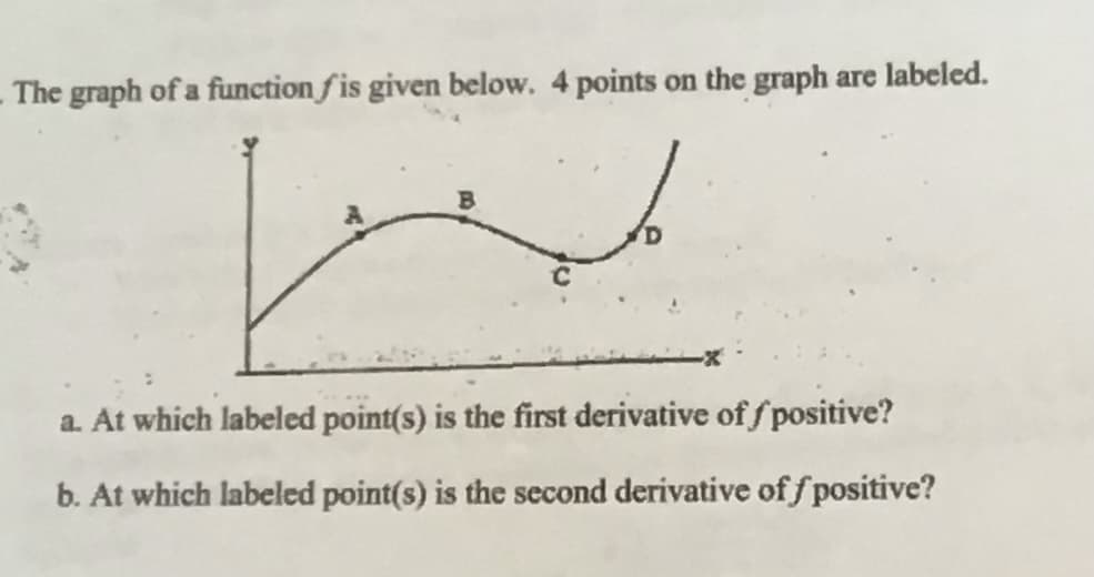 The graph of a function f is given below. 4 points on the graph are labeled.
B.
a. At which labeled point(s) is the first derivative off positive?
b. At which labeled point(s) is the second derivative of f positive?
