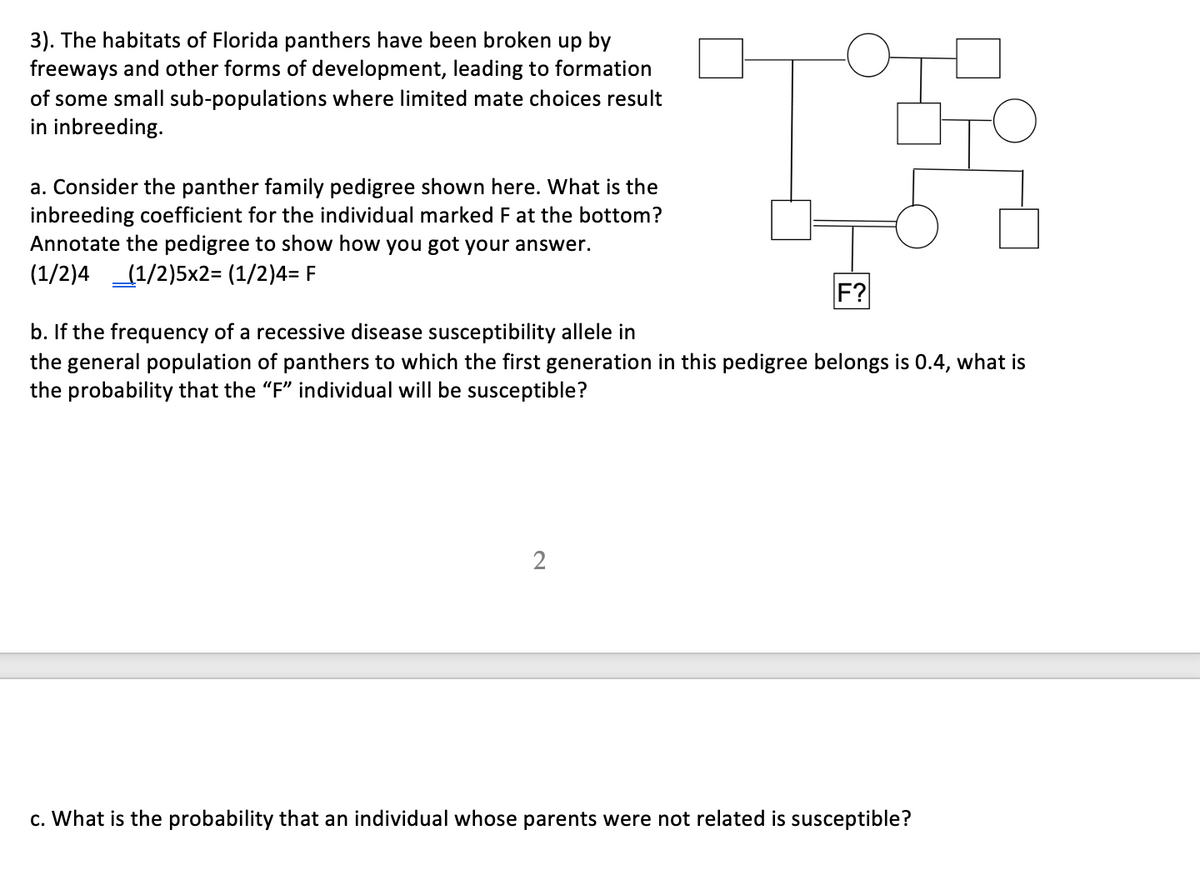 3). The habitats of Florida panthers have been broken up by
freeways and other forms of development, leading to formation
of some small sub-populations where limited mate choices result
in inbreeding.
a. Consider the panther family pedigree shown here. What is the
inbreeding coefficient for the individual marked F at the bottom?
Annotate the pedigree to show how you got your answer.
(1/2)4 (1/2)5x2= (1/2)4= F
F?
b. If the frequency of a recessive disease susceptibility allele in
the general population of panthers to which the first generation in this pedigree belongs is 0.4, what is
the probability that the "F" individual will be susceptible?
2
c. What is the probability that an individual whose parents were not related is susceptible?