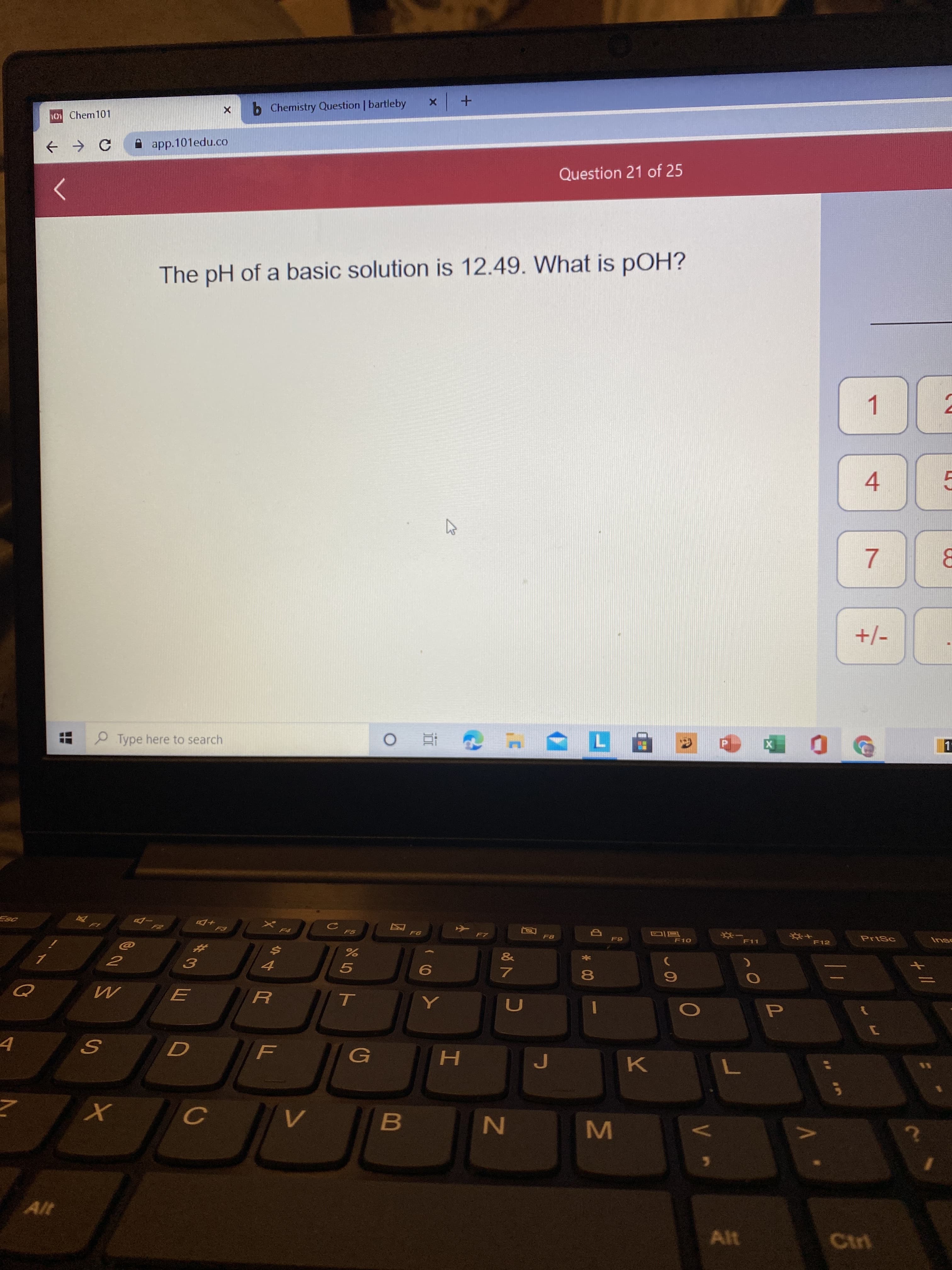 The pH of a basic solution is 12.49. What is pOH?
