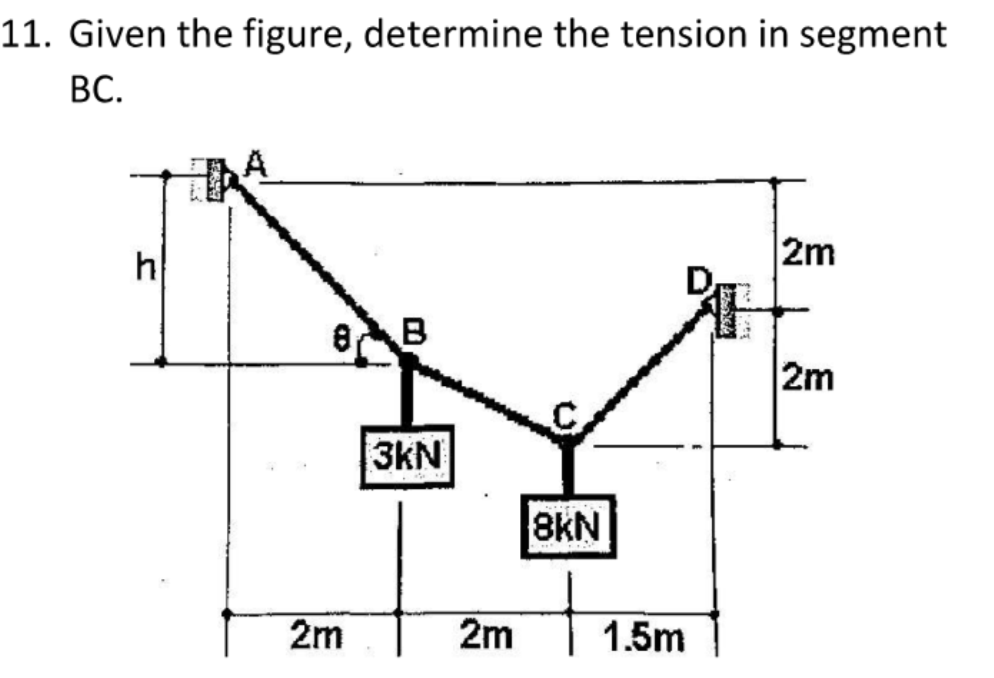 11. Given the figure, determine the tension in segment
ВС.
h
2m
2m
3kN
8kN
2m
2m
1.5m
