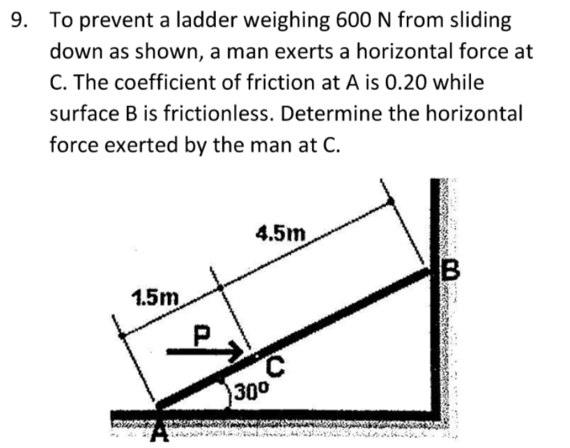 9. To prevent a ladder weighing 600 N from sliding
down as shown, a man exerts a horizontal force at
C. The coefficient of friction at A is 0.20 while
surface B is frictionless. Determine the horizontal
force exerted by the man at C.
4.5m
B
1.5m
P.
C.
300
