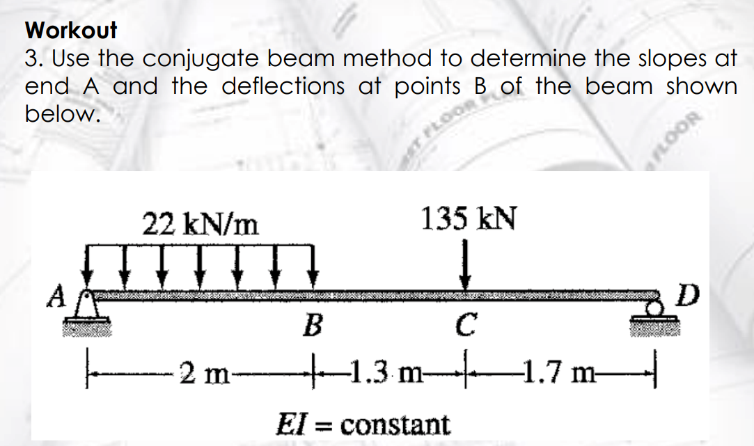 Workout
3. Use the conjugate beam method to determine the slopes at
end A and the deflections at points
B of the beam shown
below.
A
22 kN/m
2 m-
ST FLOOR
135 kN
B
C
+1.3 m―1.7 m-
EI = constant
FLOOR