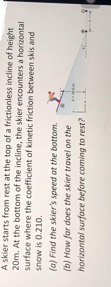 A skier starts from rest at the top of a frictionless incline of height
20m. At the bottom of the incline, the skier encounters a horizontal
surface where the coefficient of kinetic friction between skis and
snow is 0.210.
(a) Find the skier's speed at the bottom.
(b) How far does the skier travel on the
horizontal surface before coming to rest?
A
h = 20.0 m