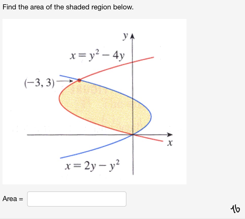 Find the area of the shaded region below.
yA
x = y² – 4y
(-3, 3)
x = 2y – y?
Area
16
II
