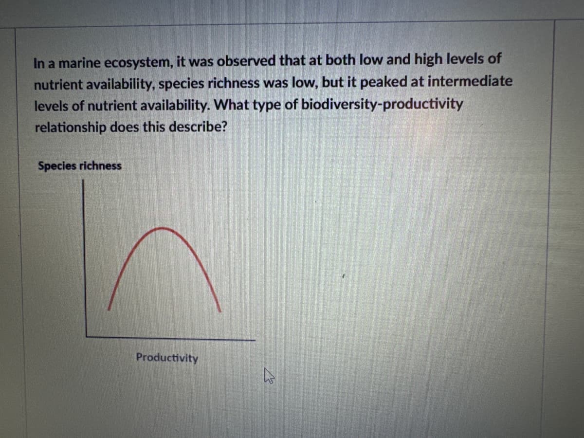 In a marine ecosystem, it was observed that at both low and high levels of
nutrient availability, species richness was low, but it peaked at intermediate
levels of nutrient availability. What type of biodiversity-productivity
relationship does this describe?
Species richness
Productivity
L