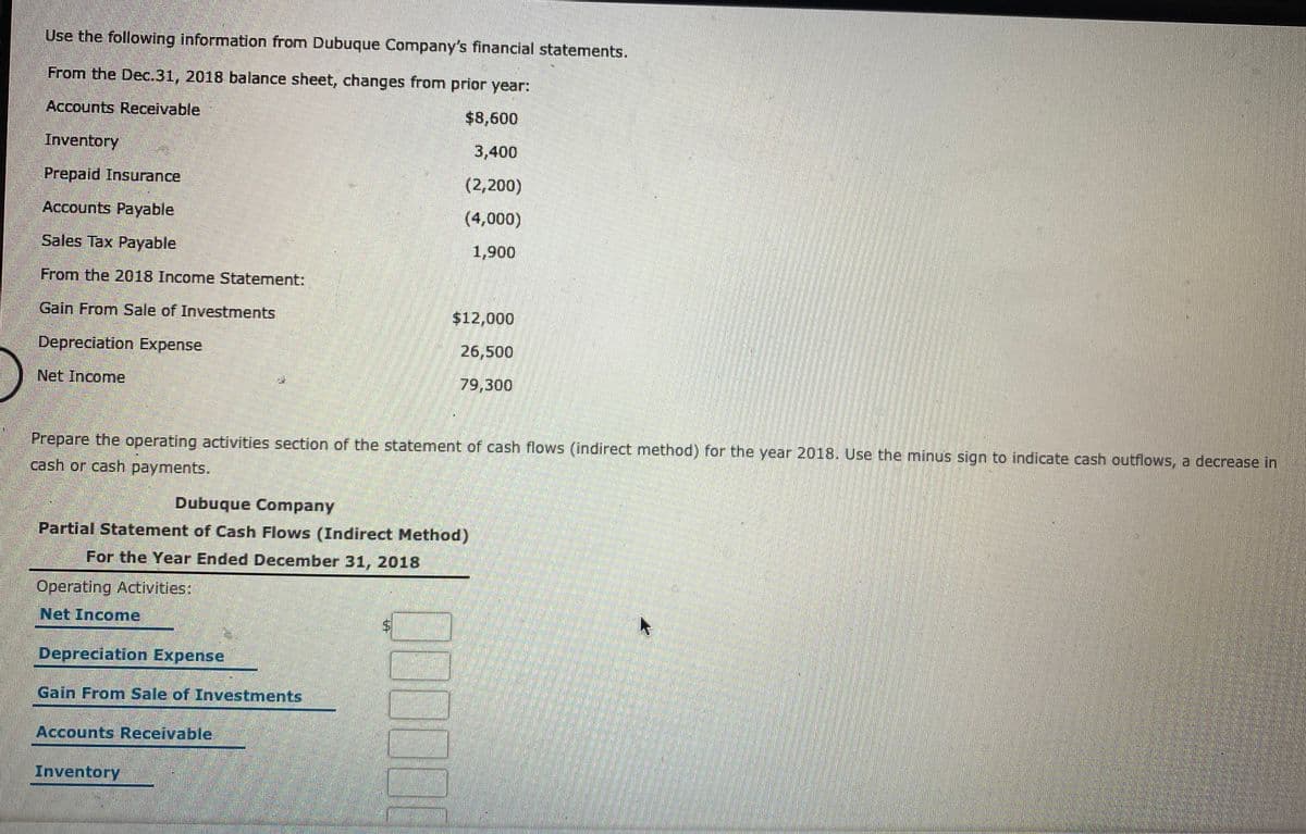 Use the following information from Dubuque Company's financial statements.
From the Dec.31, 2018 balance sheet, changes from prior year:
Accounts Receivable
$8,600
Inventory
3,400
Prepaid Insurance
(2,200)
Accounts Payable
(4,000)
Sales Tax Payable
1,900
From the 2018 Income Statement:
Gain From Sale of Investments
$12,000
Depreciation Expense
26,500
Net Income
79,300
Prepare the operating activities section of the statement of cash flows (indirect method) for the year 2018. Use the minus sign to indicate cash outflows, a decrease in
cash or cash payments.
Dubuque Company
Partial Statement of Cash Flows (Indirect Method)
For the Year Ended December 31, 2018
Operating Activities:
Net Income
Depreciation Expense
Gain From Sale of Investments
Accounts Receivable,
Inventory
%24
