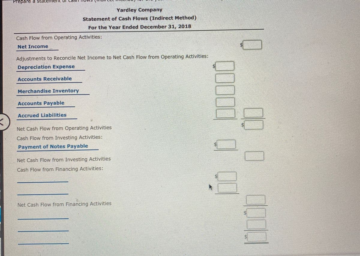 Prepare a st
Yardley Company
Statement of Cash Flows (Indirect Method)
For the Year Ended December 31, 2018
Cash Flow from Operating Activities:
Net Income
Adjustments to Reconcile Net Income to Net Cash Flow from Operating Activities:
Depreciation Expense
Accounts Receivable
Merchandise Inventory
Accounts Payable
Accrued Liabilities
Net Cash Flow from Operating Activities
Cash Flow from Investing Activities:
Payment of Notes Payable
Net Cash Flow from Investing Activities
Cash Flow from Financing Activities:
Net Cash Flow from Financing Activities
%24
