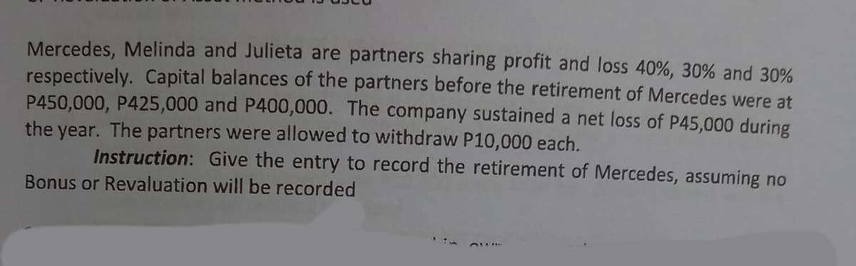 Mercedes, Melinda and Julieta are partners sharing profit and loss 40%, 30% and 30%
respectively. Capital balances of the partners before the retirement of Mercedes were at
P450,000, P425,000 and P400,000. The company sustained a net loss of P45,000 during
the year. The partners were allowed to withdraw P10,000 each.
Instruction: Give the entry to record the retirement of Mercedes, assuming no
Bonus or Revaluation will be recorded
