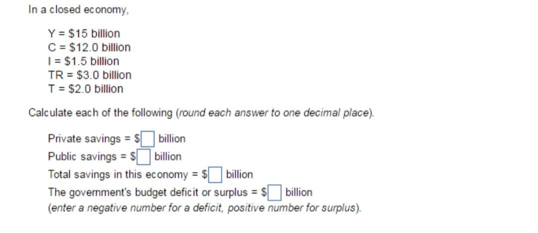 In a closed economy,
Y = $15 billion
C = $12.0 billion
| = $1.5 billion
TR = $3.0 billion
T = $2.0 billion
Calculate each of the following (round each answer to one decimal place).
Private savings = $ billion
Public savings = $ billion
Total savings in this economy = $|
billion
The government's budget deficit or surplus = $ billion
(enter a negative number for a deficit, positive number for surplus).
