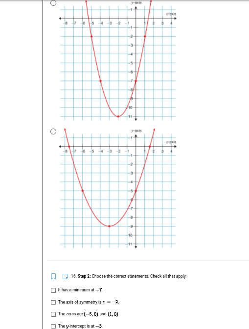 O
U
8-7 t6 H5 +4 --3-2
-7-6-5 4 -3-2
-1
It has a minimum at-7.
The axis of symmetry is a = -2.
The zeros are (-5,0) and (1,0).
The y-intercept is at -5.
y-
10
-1
2 3
2
x-xi
X-axis
10
16. Step 2: Choose the correct statements. Check all that apply.