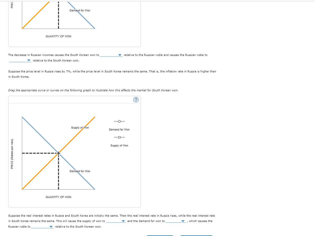 PRICE (Rubles per won)
Russian ruble to
PRIC
QUANTITY OF WON
Demand for Won
The decrease in Russian incomes causes the South Korean won to
relative to the South Korean won.
relative to the Russian ruble and causes the Russian ruble to
Suppose the price level in Russia rises by 7%, while the price level in South Korea remains the same. That is, the inflation rate in Russia is higher than
in South Korea.
Drag the appropriate curve or curves on the following graph to illustrate how this affects the market for South Korean won.
QUANTITY OF WON
Supply of Won
Demand for Won
Demand for Won
Supply of Won
(?)
Suppose the real interest rates in Russia and South Korea are initially the same. Then the real interest rate in Russia rises, while the real interest rate
in South Korea remains the same. This will cause the supply of won to
and the demand for won to
which causes the
relative to the South Korean won.
