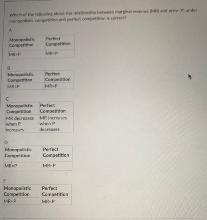 Which of the following about the relationship between marginal revenue (MR) and price (P) under
monopolistic competition and perfect competition is correct?
Monopolistic
Competition
Perfect
Competition
MR>P
MR-P
Perfect
Monopolistic
Competition
Competition
MR<P
MR-P
Monopolistic
Competition
MR decreases
Perfect
Competition
MR increases
when P
when P
increases
decreases
Monopolistic
Competition
Perfect
Competition
MR-P
MR=P
E
Perfect
Monopolistic
Competition
Competition
MR-P
MR<P
