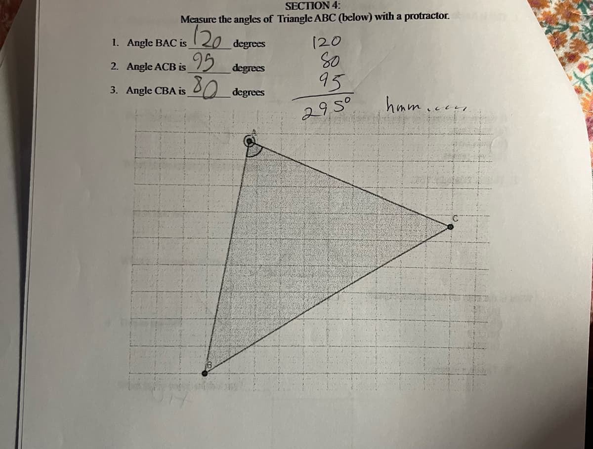 SECTION 4:
Measure the angles of Triangle ABC (below) with a protractor.
120
degrees
95
degrees
80 degrees
1. Angle BAC is
2.
3.
Angle ACB is
Angle CBA is
120
So
95
295⁰
hmm..