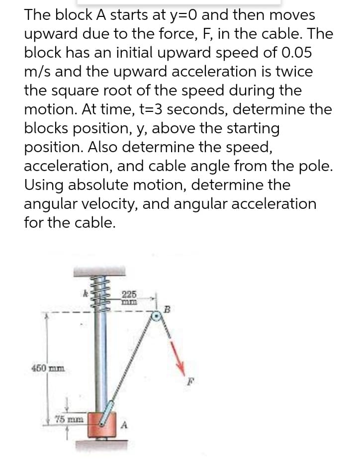 The block A starts at y=0 and then moves
upward due to the force, F, in the cable. The
block has an initial upward speed of 0.05
m/s and the upward acceleration is twice
the square root of the speed during the
motion. At time, t=3 seconds, determine the
blocks position, y, above the starting
position. Also determine the speed,
acceleration, and cable angle from the pole.
Using absolute motion, determine the
angular velocity, and angular acceleration
for the cable.
225
mm
B
450 mm
75 mm
A
