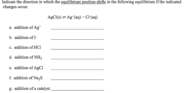 Indicate the direction in which the equilibrium position shifts in the following equilibrium if the indicated
changes occur.
AgCl(s) = Ag*(aq) + Cl-(aq)
a. addition of Ag*
b. addition of I-
c. addition of HCI
d. addition of NH3
e. addition of AgCl
f. addition of NazS
g. addition of a catalyst
