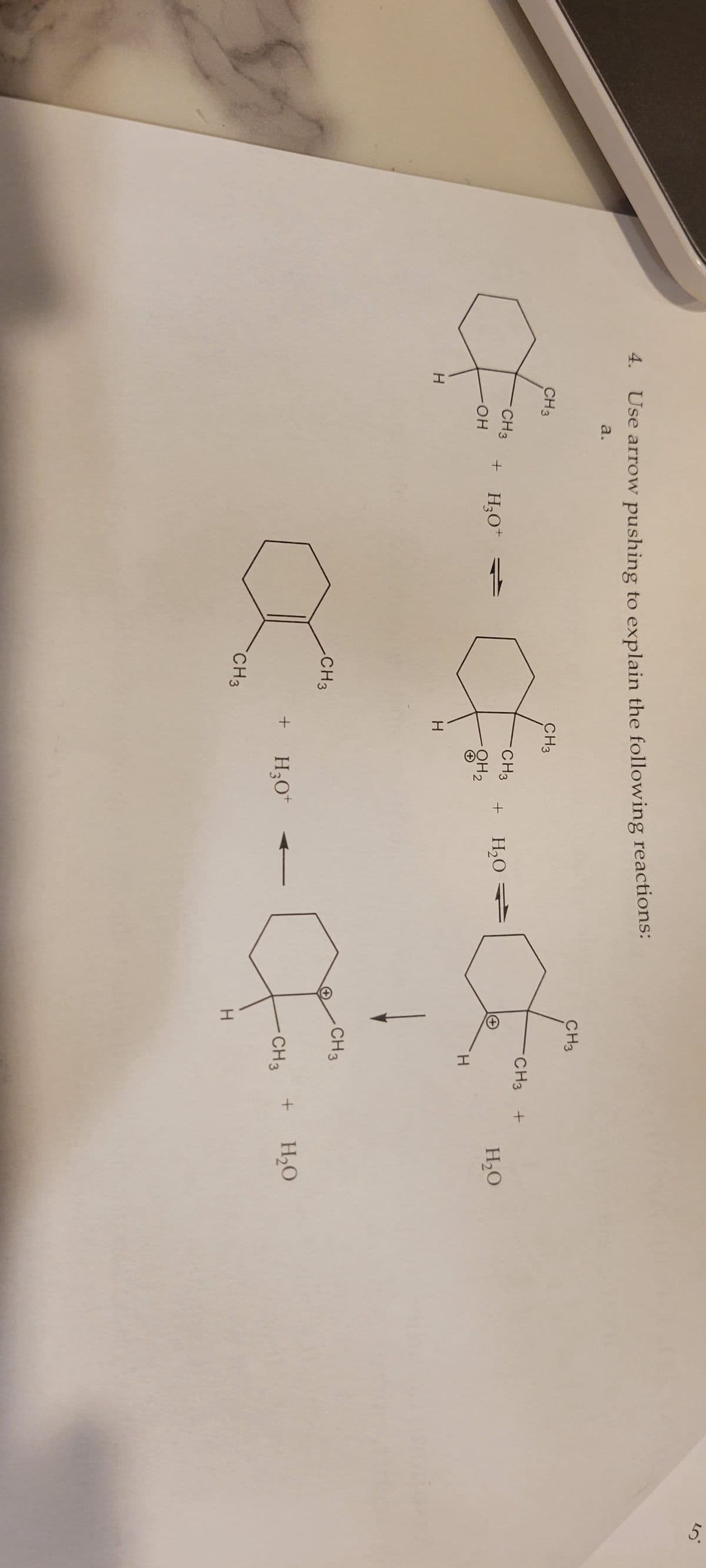 4. Use arrow pushing to explain the following reactions:
a.
Н
CH 3
CH 3
он
+
H30+
-СН3
х
CH 3
CH3
Н
CH3 + H₂O
он2
+ H30+
H2O =
CH3
CH3
Н
!
CH 3
ста
H
+
H2O
+ H2O
s