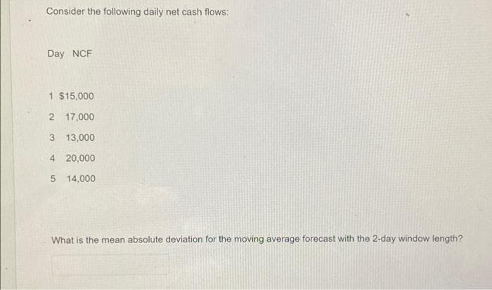 Consider the following daily net cash flows:
Day NCF
1 $15,000
2 17,000
3 13,000
4 20,000
5 14,000
What is the mean absolute deviation for the moving average forecast with the 2-day window length?
