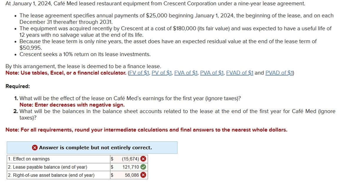 At January 1, 2024, Café Med leased restaurant equipment from Crescent Corporation under a nine-year lease agreement.
• The lease agreement specifies annual payments of $25,000 beginning January 1, 2024, the beginning of the lease, and on each
December 31 thereafter through 2031.
The equipment was acquired recently by Crescent at a cost of $180,000 (its fair value) and was expected to have a useful life of
12 years with no salvage value at the end of its life.
• Because the lease term is only nine years, the asset does have an expected residual value at the end of the lease term of
$50.995.
• Crescent seeks a 10% return on its lease investments.
By this arrangement, the lease is deemed to be a finance lease.
Note: Use tables, Excel, or a financial calculator. (FV of $1, PV of $1. EVA of $1. PVA of $1. EVAD of $1 and PVAD of $1)
Required:
1. What will be the effect of the lease on Café Med's earnings for the first year (ignore taxes)?
Note: Enter decreases with negative sign.
2. What will be the balances in the balance sheet accounts related to the lease at the end of the first year for Café Med (ignore
taxes)?
Note: For all requirements, round your intermediate calculations and final answers to the nearest whole dollars.
> Answer is complete but not entirely correct.
1. Effect on earnings
$
(15,674) X
2. Lease payable balance (end of year)
$
121,710
2. Right-of-use asset balance (end of year)
$
56,086 X