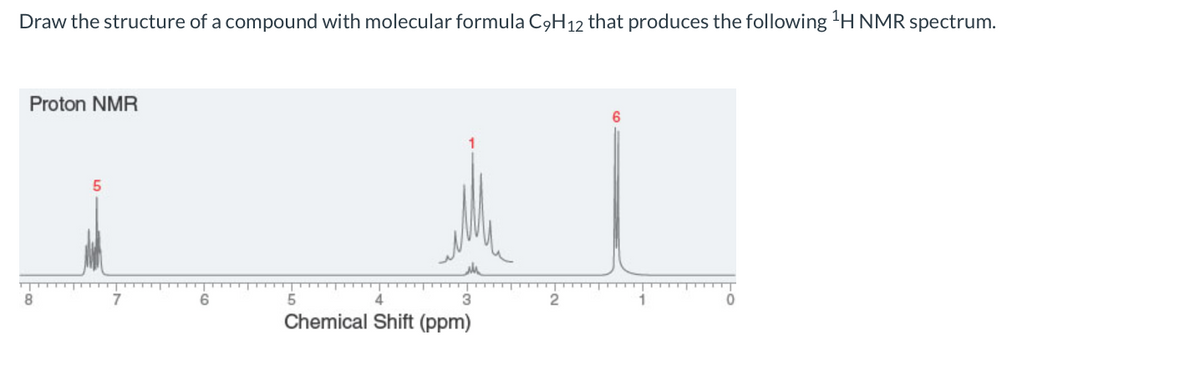 Draw the structure of a compound with molecular formula C9H12 that produces the following 'H NMR spectrum.
Proton NMR
6.
5.
8.
4.
3
2
Chemical Shift (ppm)
