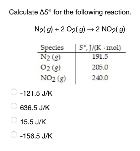 Calculate AS° for the following reaction.
N2( g) + 2 O2( 9) → 2 NO2( g)
S°, J/(K · mol)
191.5
Species
N2 (g)
02 (g)
NO2 (g)
205.0
240.0
-121.5 J/K
636.5 J/K
15.5 J/K
-156.5 J/K
