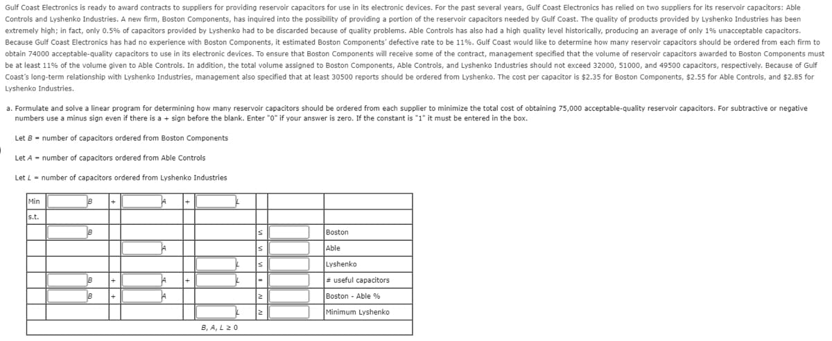.
Gulf Coast Electronics is ready to award contracts to suppliers for providing reservoir capacitors for use in its electronic devices. For the past several years, Gulf Coast Electronics has relied on two suppliers for its reservoir capacitors: Able
Controls and Lyshenko Industries. A new firm, Boston Components, has inquired into the possibility of providing a portion of the reservoir capacitors needed by Gulf Coast. The quality of products provided by Lyshenko Industries has been
extremely high; in fact, only 0.5% of capacitors provided by Lyshenko had to be discarded because of quality problems. Able Controls has also had a high quality level historically, producing an average of only 1% unacceptable capacitors.
Because Gulf Coast Electronics has had no experience with Boston Components, it estimated Boston Components' defective rate to be 11%. Gulf Coast would like to determine how many reservoir capacitors should be ordered from each firm to
obtain 74000 acceptable-quality capacitors to use in its electronic devices. To ensure that Boston Components will receive some of the contract, management specified that the volume of reservoir capacitors awarded to Boston Components must
be at least 11% of the volume given to Able Controls. In addition, the total volume assigned to Boston Components, Able Controls, and Lyshenko Industries should not exceed 32000, 51000, and 49500 capacitors, respectively. Because of Gulf
Coast's long-term relationship with Lyshenko Industries, management also specified that at least 30500 reports should be ordered from Lyshenko. The cost per capacitor is $2.35 for Boston Components, $2.55 for Able Controls, and $2.85 for
Lyshenko Industries.
a. Formulate and solve a linear program for determining how many reservoir capacitors should be ordered from each supplier to minimize the total cost of obtaining 75,000 acceptable-quality reservoir capacitors. For subtractive or negative
numbers use a minus sign even if there is a + sign before the blank. Enter "0" if your answer is zero. If the constant is "1" it must be entered in the box.
Let B = number of capacitors ordered from Boston Components
Let A = number of capacitors ordered from Able Controls
Let L = number of capacitors ordered from Lyshenko Industries
Min
s.t.
B
B
B
B
+
+
A
A
A
A
k
k
k
k
B, A, L 20
s
s
s
Boston
Able
Lyshenko
# useful capacitors
Boston Able %
Minimum Lyshenko