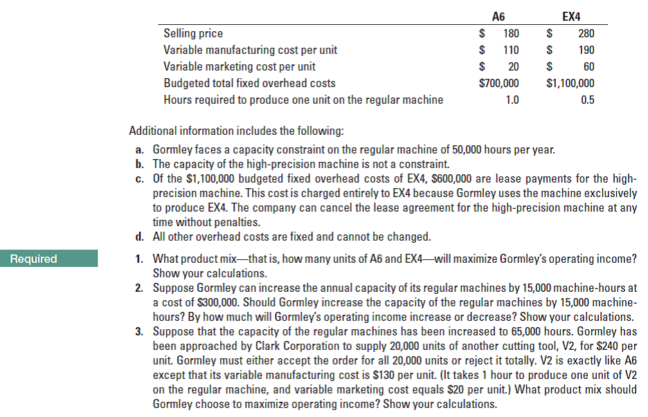 EX4
A6
Selling price
Variable manufacturing cost per unit
180
280
110
190
Variable marketing cost per unit
Budgeted total fixed overhead costs
Hours required to produce one unit on the regular machine
20
60
$700,000
$1,100,000
1.0
0.5
Additional information includes the following:
a. Gormley faces a capacity constraint on the regular machine of 50,000 hours per year.
b. The capacity of the high-precision machine is not a constraint.
c. Of the $1,100,000 budgeted fixed overhead costs of EX4, $600,000 are lease payments for the high-
precision machine. This cost is charged entirely to EX4 because Gormley uses the machine exclusively
to produce EX4. The company can cancel the lease agreement for the high-precision machine at any
time without penalties.
d. All other overhead costs are fixed and cannot be changed.
1. What product mix-that is, how many units of A6 and EX4 will maximize Gormley's operating income?
Show your calculations.
2. Suppose Gormley can increase the annual capacity of its regular machines by 15,000 machine-hours at
a cost of $300,000. Should Gormley increase the capacity of the regular machines by 15,000 machine-
hours? By how much will Gormley's operating income increase or decrease? Show your calculations.
3. Suppose that the capacity of the regular machines has been increased to 65,000 hours. Gormley has
been approached by Clark Corporation to supply 20,000 units of another cutting tool, V2, for $240 per
unit. Gormley must either accept the order for all 20,000 units or reject it totally. V2 is exactly like A6
except that its variable manufacturing cost is $130 per unit. (It takes 1 hour to produce one unit of V2
on the regular machine, and variable marketing cost equals $20 per unit.) What product mix should
Gormley choose to maximize operating income? Show your calculations.
Required
