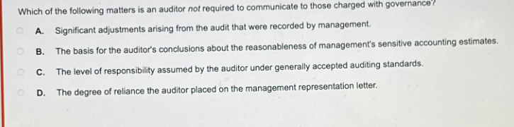 Which of the following matters is an auditor not required to communicate to those charged with governance?
A. Significant adjustments arising from the audit that were recorded by management.
B.
The basis for the auditor's conclusions about the reasonableness of management's sensitive accounting estimates.
The level of responsibility assumed by the auditor under generally accepted auditing standards.
The degree of reliance the auditor placed on the management representation letter..
O
C.
D.