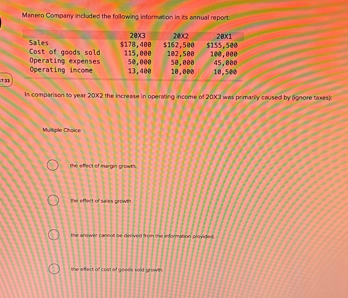 7:33
Manero Company included the following information in its annual report:
Sales
Cost of goods sold
Operating expenses
Operating income
Multiple Choice
20X3
$178,400
115,000
50,000
13,400
O
In comparison to year 20X2 the increase in operating income of 20X3 was primarily caused by (ignore taxes):
the effect of margin growth.
20X2
$162,500
102,500
50,000
10,000
the effect of sales growth.
20X1
$155,500
100,000
45,000
10,500
the answer cannot be derived from the information provided.
the effect of cost of goods sold growth.