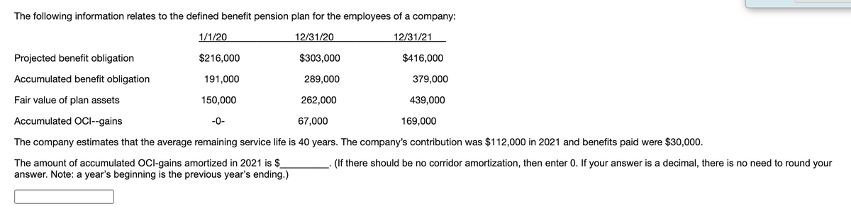 The following information relates to the defined benefit pension plan for the employees of a company:
1/1/20
12/31/20
12/31/21
Projected benefit obligation
$216,000
$303,000
$416,000
Accumulated benefit obligation
191,000
289,000
379,000
Fair value of plan assets
150,000
262,000
439,000
Accumulated OCI--gains
-0-
67,000
169,000
The company estimates that the average remaining service life is 40 years. The company's contribution was $112,000 in 2021 and benefits paid were $30,000.
The amount of accumulated OCI-gains amortized in 2021 is $
answer. Note: a year's beginning is the previous year's ending.)
(If there should be no corridor amortization, then enter 0. If your answer is a decimal, there is no need to round your
