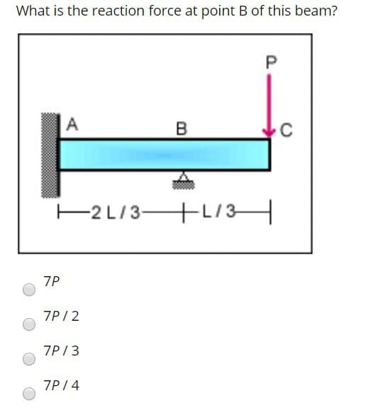 What is the reaction force at point B of this beam?
7P
A
7P/2
7P/3
7P/4
B
2L/3L/3
P
C