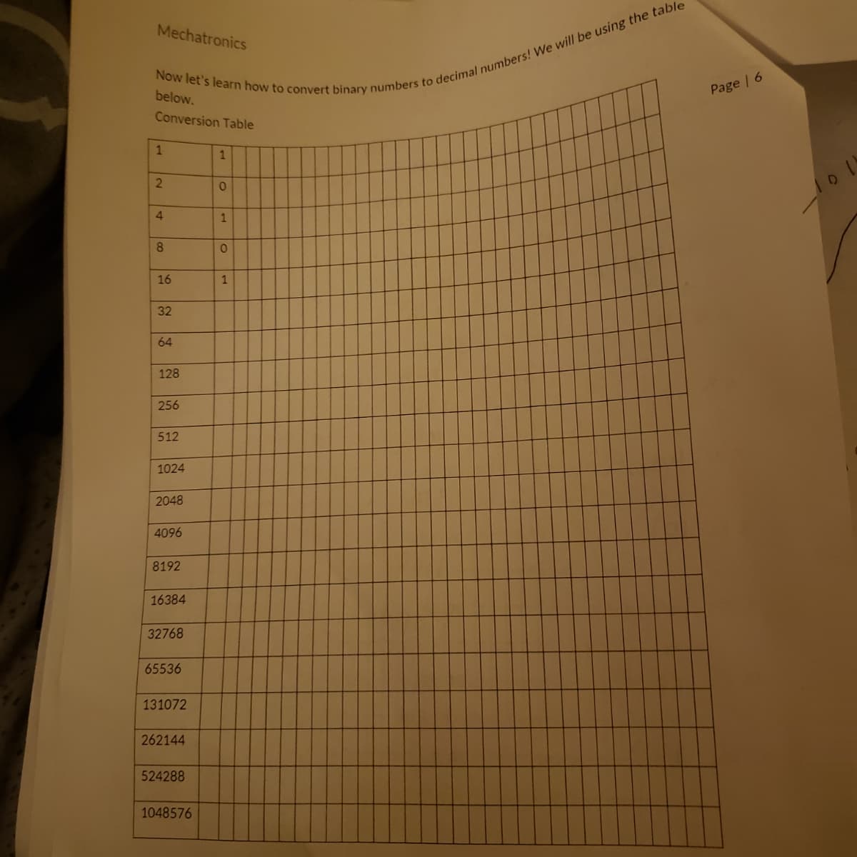 Mechatronics
Now let's learn how to convert binary numbers to decimal numbers! We will be using the table
below.
Conversion Table
1
1
2
0
4
1
0
1
8
16
32
64
128
256
512
1024
2048
4096
8192
16384
32768
65536
131072
262144
524288
1048576
Page | 6
1011