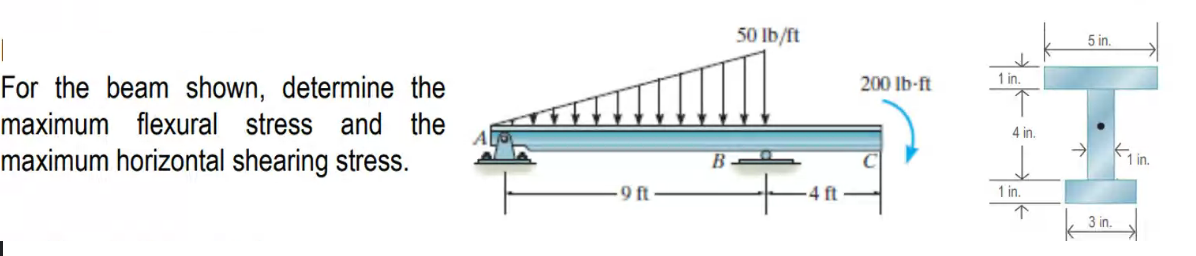 For the beam shown, determine the
maximum flexural stress and the
maximum horizontal shearing stress.
-9 ft
B
50 lb/ft
4 ft
200 lb-ft
1 in.
4 in.
1 in.
个
5 in.
3 in.
1 in.