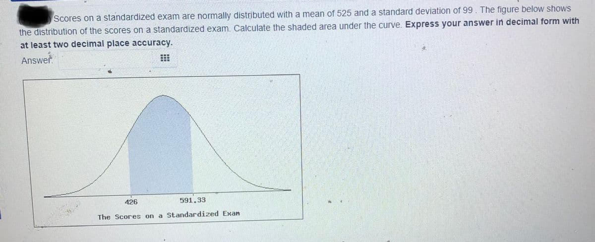 Scores on a standardized exam are normally distributed with a mean of 525 and a standard deviation of 99. The figure below shows
the distribution of the scores on a standardized exam. Calculate the shaded area under the curve. Express your answer in decimal form with
at least two decimal place accuracy.
Answer.
426
591.33
The Scores on a Standardized Exan
