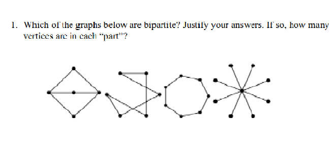 1. Which of the graphs below are bipartite? Justify your answers. If so, how many
vertices ane in cach "part"?
