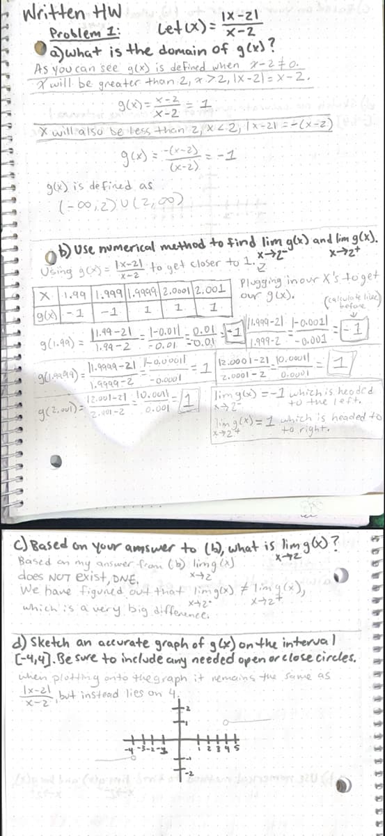 Written HW
Problem 1:
Let (x) =
a) what is the domain of g(x)?
As you can see g(x) is defined when x=2 #0:
X will be greater than 2, 7.7.2, 1x-2) = x-2,
X-2
· g(x)= x - 2 = 7
X will also be less than 2, x < 2, 1x-21 = -(x-2) Pa
= -1
--(x-2).
(x-2).
: g(x) = 1
g(x) is defined as
(-∞02)0(2,00)
b) Use numerical method to find lim g(x) and lim g(x).
Using g(x)= x-21 to get closer to 1.
x-2
X-72+
X-2
"Z
જી।.૧૧૧૧) =
9 (2,001)=
X1.99 1.999 1.9999/2.0001|2.001
g(x)-1
-1
1 1 1
9(1.99) =
11.99-21-1-0.011 -0.01
-0.01 -0.01
1.99-2
11.9999-21 -0,000il
1.9999-2
-0.0001
12.001-21 -10.001t.
2.000-2
0.001
IX-21
X-2
-1
Plugging in our X's to get
our g(x).
11.999-21 1-0.0011:
1.999-2-0.001
1
= 1 12.0001-21_10.00011
2.0001-2
0.0001
limg(x) = -1 which is headed
to the left..
x+2-
|lim g(x) = 1 which is headed to
to right.
F
(calculate livec)
before
1
Based on my answer from (b) limg(x).
does NOT exist, DNE.
x42
We have figured out that limg(x) #lim g(x),
x-2-
x+27
which is a very big difference.
95
C) Based on your answer to (b), what is lim g(x)?
X-42
1
d) Sketch an accurate graph of g(x) on the interval.
[-4,4]. Be sure to include
any.
open
or close circles.
when plotting onto the graph it remains the same as
needed
Ix-21
but instead lies on 4.
X-2
45
15
65