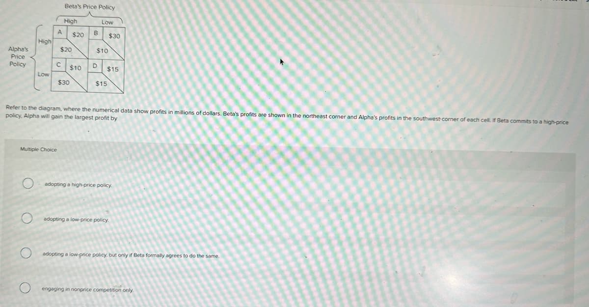 Alpha's
Price
Policy
High
Low
OOOO
A
Multiple Choice
C
Beta's Price Policy
High
$20
$20
$10
$30
Low
B $30
$10
$15
Refer to the diagram, where the numerical data show profits in millions of dollars. Beta's profits are shown in the northeast corner and Alpha's profits in the southwest corner of each cell. If Beta commits to a high-price
policy, Alpha will gain the largest profit by
$15
adopting a high-price policy.
adopting a low-price policy.
adopting a low-price policy, but only if Beta formally agrees to do the same.
engaging in nonprice competition only.
