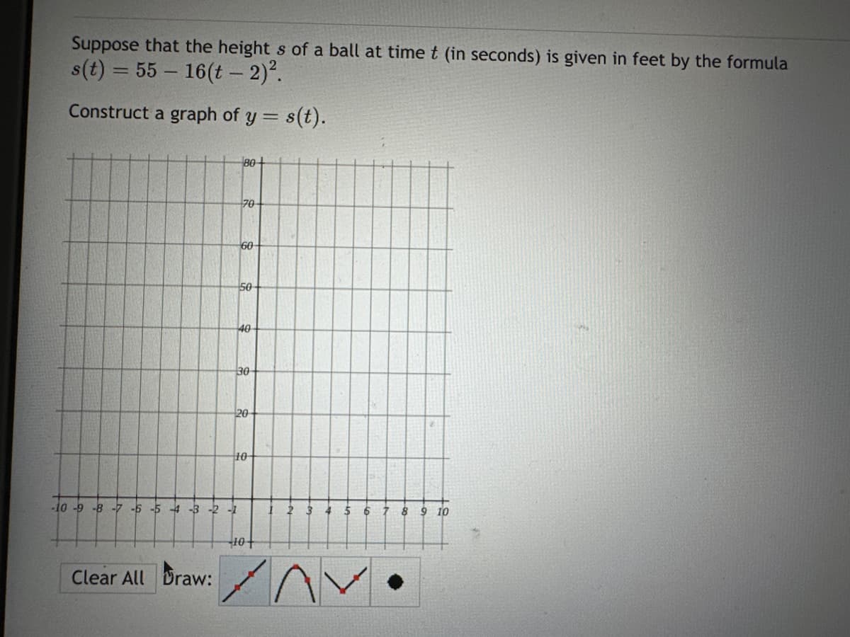 Suppose that the height s of a ball at time t (in seconds) is given in feet by the formula
s(t) = 55-16(t - 2)².
Construct a graph of y = s(t).
Clear All Draw:
80+
70-
-10-9-8-7-6-54-3 -2 -1
60
50
40
30-
20
10
+10+
ZAV
7
9 10