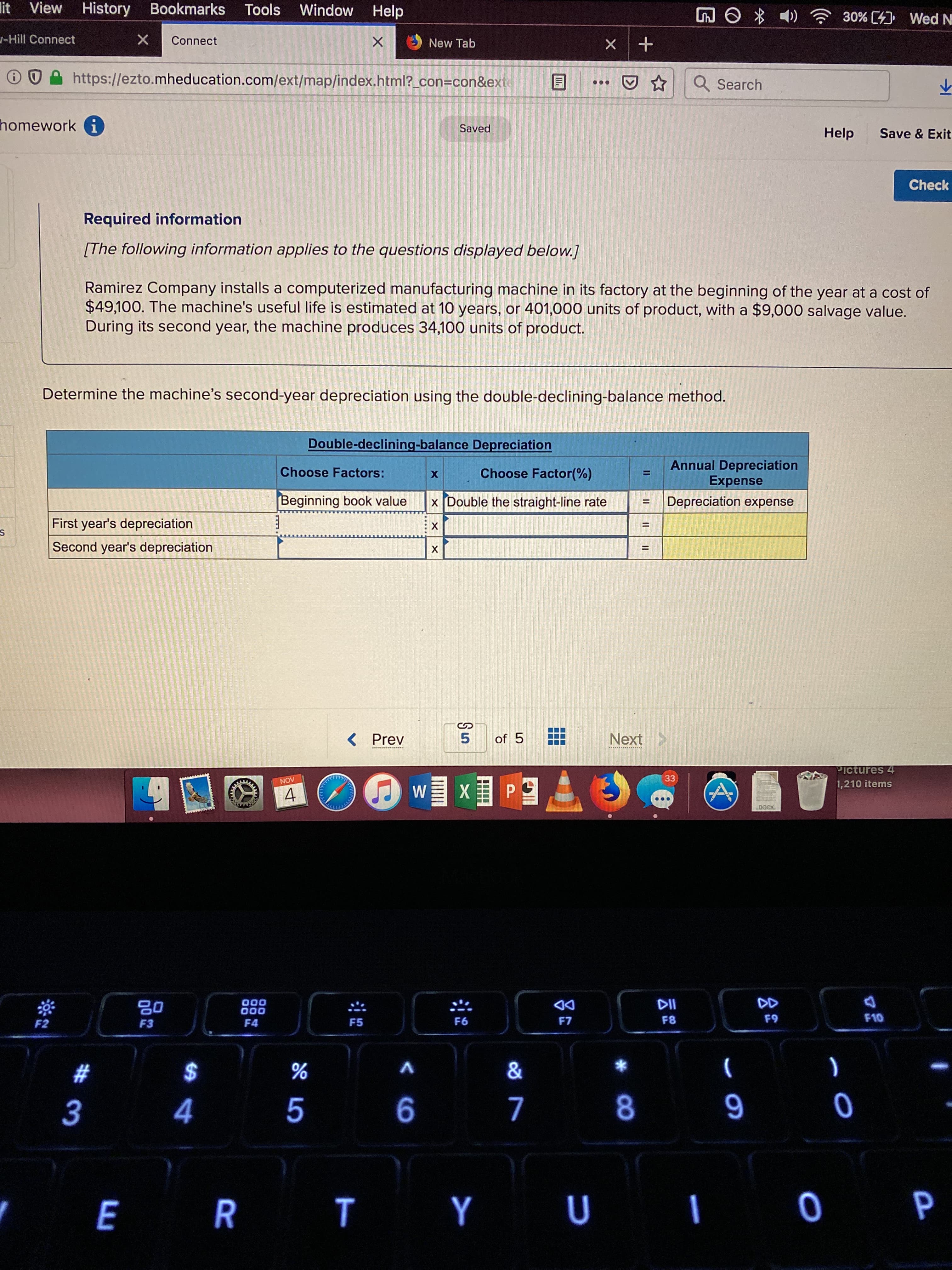 Determine the machine's second-year depreciation using the double-declining-balance method.
