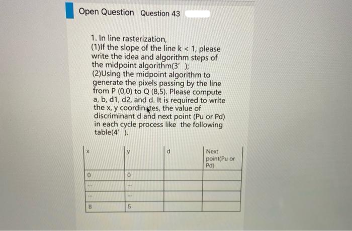 Open Question Question 43
1. In line rasterization,
(1)If the slope of the line k < 1, please
write the idea and algorithm steps of
the midpoint algorithm(3' );
(2)Using the midpoint algorithm to
generate the pixels passing by the line
from P (0,0) to Q (8,5). Please compute
a, b, d1, d2, and d. It is required to write
the x, y coordinates, the value of
discriminant d and next point (Pu or Pd)
in each cycle process like the following
table(4).
d
Next
point(Pu or
Pd)
0
0
***
8
www
5