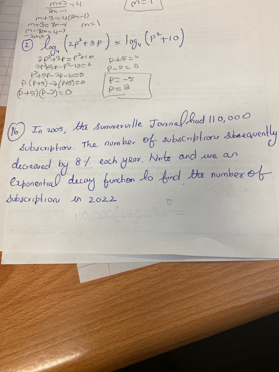 M+Sっ4
m+3-4(2n-1)
M+3= 8n-4
そ=Wtー
P+5=0
P45P-20-1020
P-2=0
Pニ-5
In 2005, tha summer uille Journalhad I1 0,000
subsciptiou. The number of subacribtrons
decreaved by
exponential decay
Subscription in 2022
(16
Sibaequently
8/ each year. Norte and
we an
funchien lo find the number of
110
