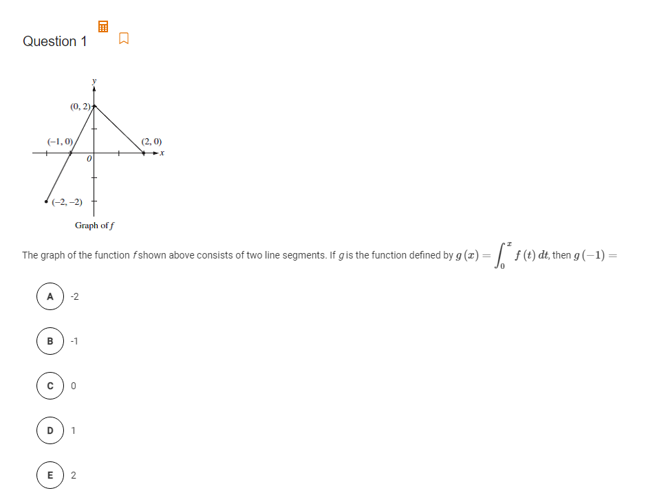 Question 1
(0, 2)
(-1, 0),
(2, 0)
(-2,–2)
Graph of f
The graph of the function fshown above consists of two line segments. If gis the function defined by g (x) =
f (t) dt, then g (-1) =
-2
B
-1
1
E
