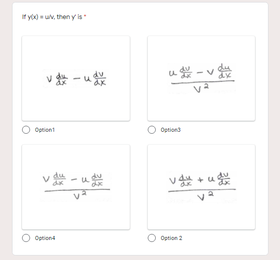 If y(x) = u/v, then y' is *
du
v-u袋
u能-v
Option1
Option3
v第-以器
du
dx
Option4
Option 2
